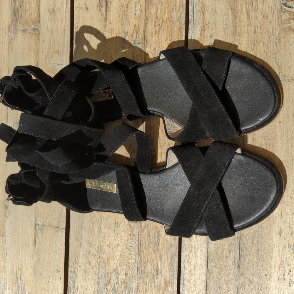 Louise et Cie Lo Clover Black Leather Suede Tie Zipper Sandals Shoes Size 8 - Picture 2 of 9
